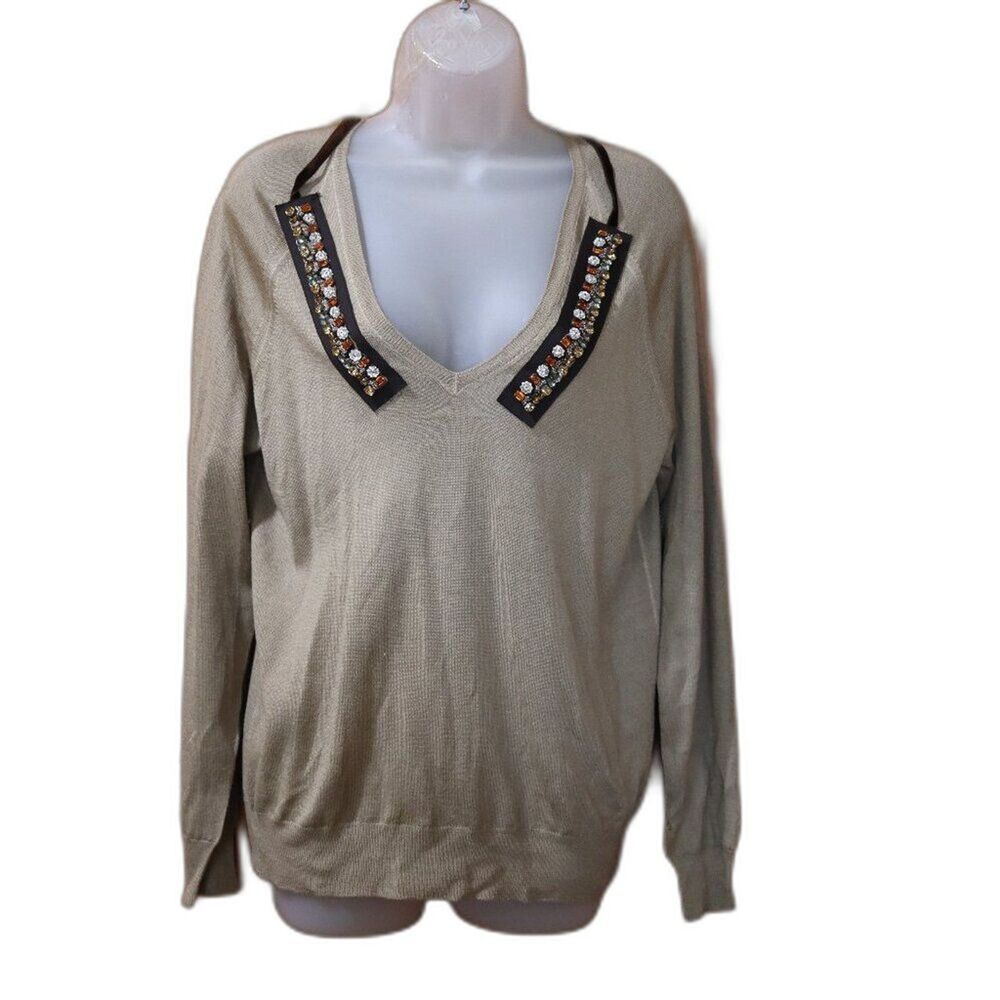 Prada Taupe V-Neck Pullover Sweater Crystal Embellished Ribbon Size 40